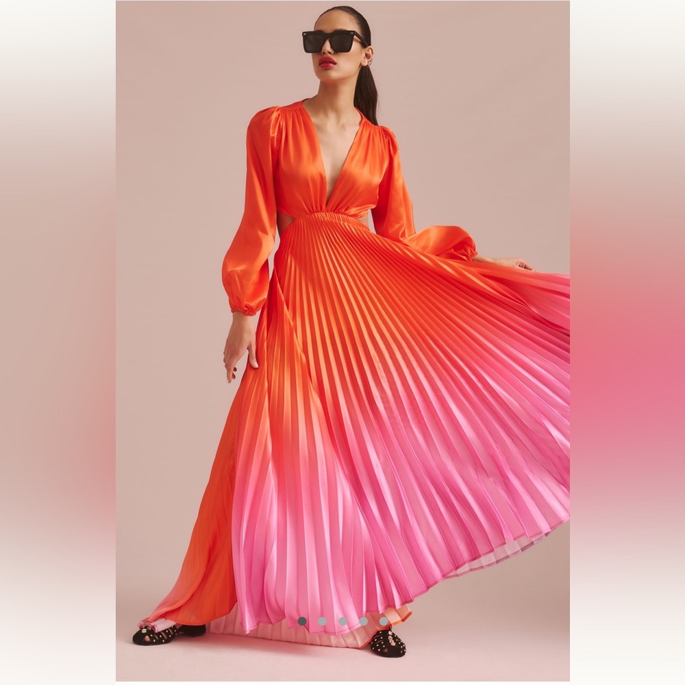 Vibrant Long Sleeve Pleated Dress in Orange and Pink